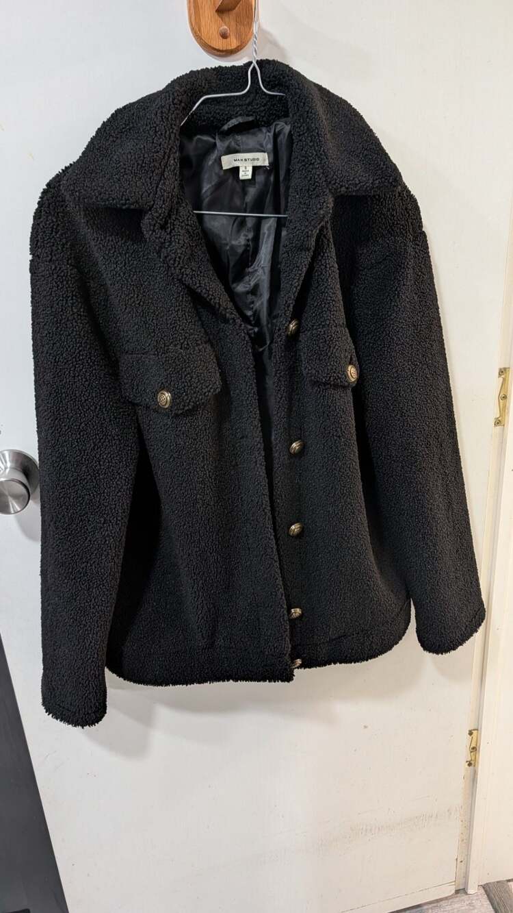 Max Studio Sherpa Jacket Size S Black Button Up Teddy Fleece Shacket